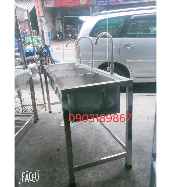 Chậu rửa 3 học và kệ inox tấm
